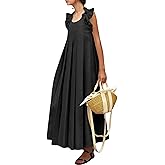 RONICY Boho Ruffle Maxi Dress Women Sleeveless Pleated Skirt Casual Sundress Summer Vacation Outfits Loose Fit Beach