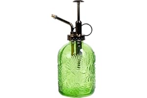 SDlumeiy 11.8 Ounce Glass Plant Spray Bottle, Glass Leaf Print One Handed Watering Can with Antique Brass Plastic One Handed Top Pump, 7.6 Inch Tall Indoor and Outdoor Plant Small Spray Bottle (Green)