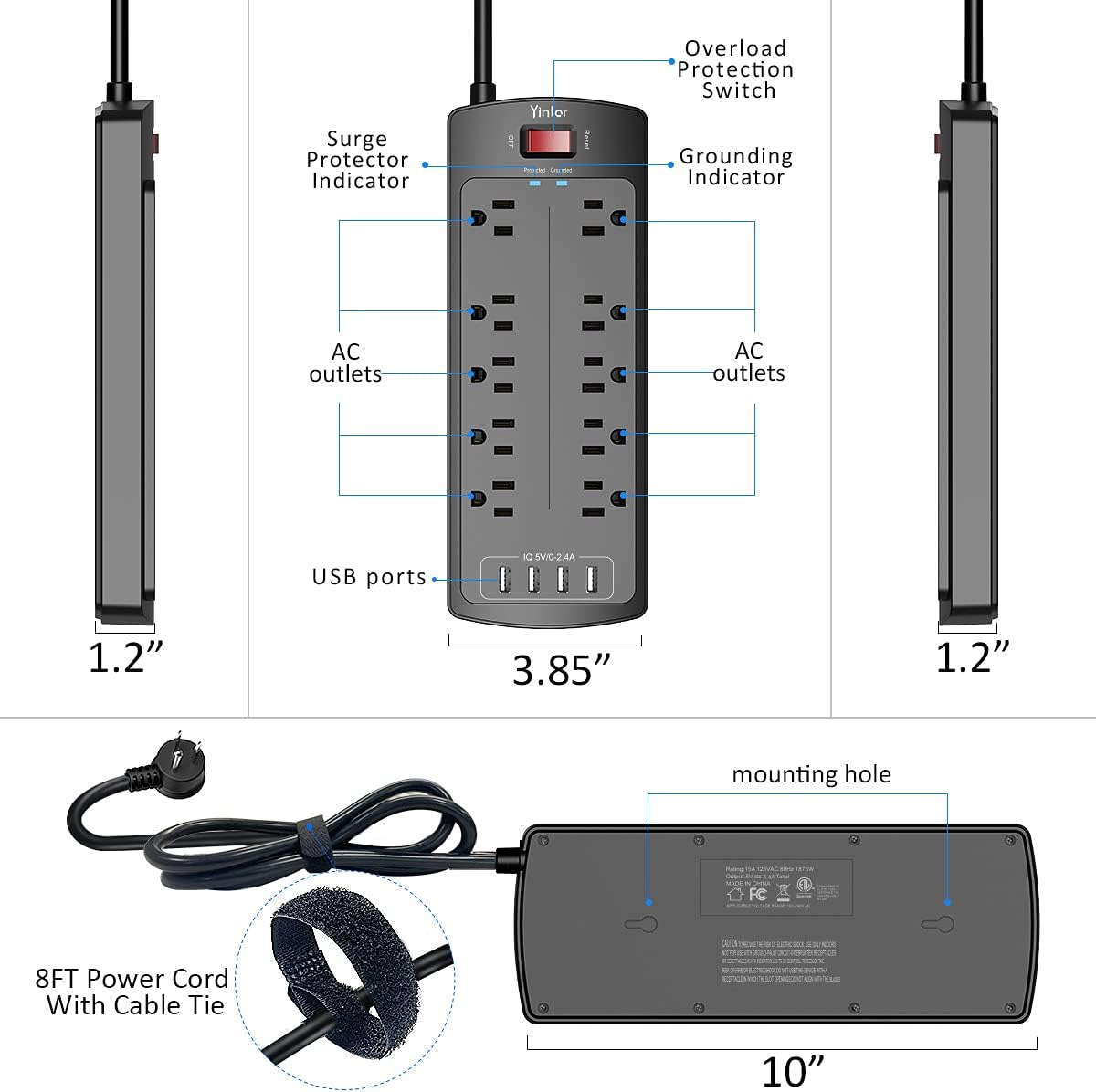 Power Strip with 8 Ft, YINTAR Surge Protector with 10 Outlets and 4 USB Ports, 8 Feet Flat Plug Extension Cord (1875W/15A) for for Home, Office, Dorm Essentials, 2100 Joules, ETL Listed, - Black: Electronics