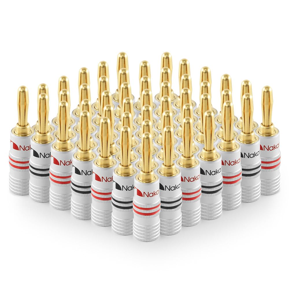 Nakamichi Excel Series 24k Gold Plated Banana Plugs 12 AWG - 18 AWG Gauge Size 4mm for Speakers Amplifier Hi-Fi AV Receiver Stereo Home Theatre Audio Wire Cable Screws Connector 48 Pcs (24-Pairs)