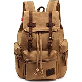 HuaChen Vintage Canvas Travel Backpack with Leather Trim, Laptop Padded Sleeve, Hidden Back Security Pocket, Fits 14-Inch, M32 Khaki