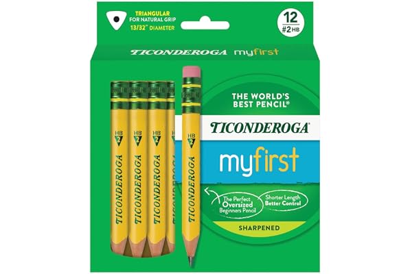 Ticonderoga My First Short Triangular Wood-Cased Pencils, #2 HB Soft, With Erasers, Yellow, 12 Count