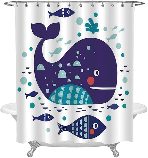 Amazon Com Whale Decor Shower Curtain Set Navy Sea Theme Cartoon Big Fish With Others In Ocean Swimming Image Waterproof Fabric Bathroom Decorations Bath Curtains Hooks Included 72x84in Sky Blue And Navy Blue Home Kitchen