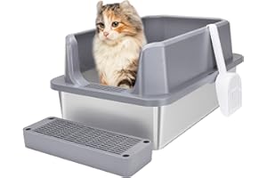 RIZZARI Stainless Steel Cat Litter Box, Semi-Enclosed Litter Box with Raised Edges, Anti-Leakage & Odorless, Easy to Clean, Large Litter Box for Small to Large Sized Cats (Dark Gray)