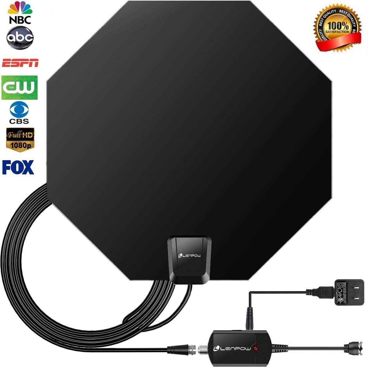 TV Antenna, LENPOW Best Indoor 1080P Amplified Digital TV Antenna 60 Mile Range with Detachable Amplifier Signal Booster, USB Power Adapter, 16.5Ft High Performance Coaxial Cable, Black