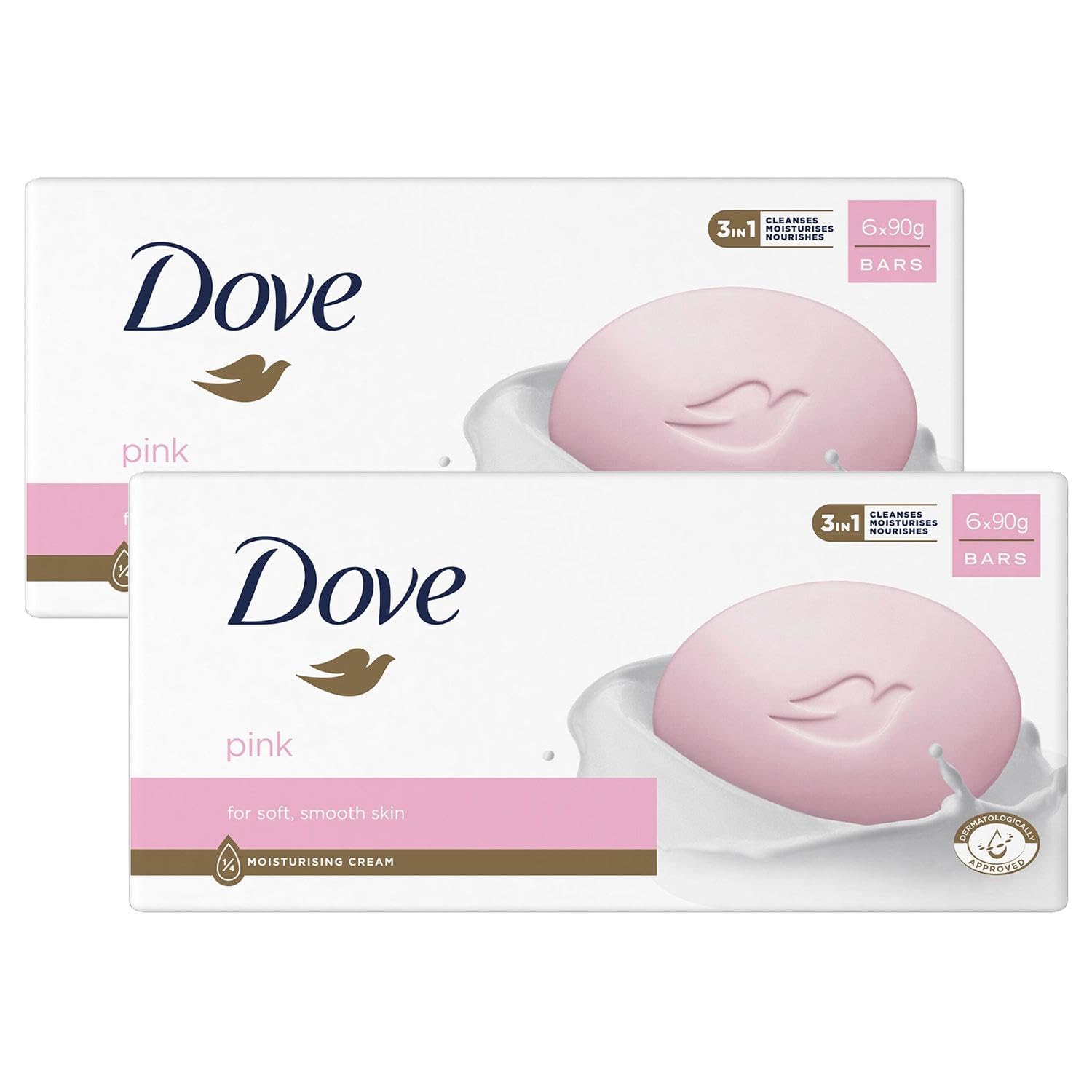 Dove Pink Moisturising Beauty Cream Bar 3 in 1 Cleanses, Moisturises and Nourishes Soap for Soft, Smooth Skin Vegan, Crealty Freee and Dermatologically Tested Beauty Soap 6x90g, 2Pk