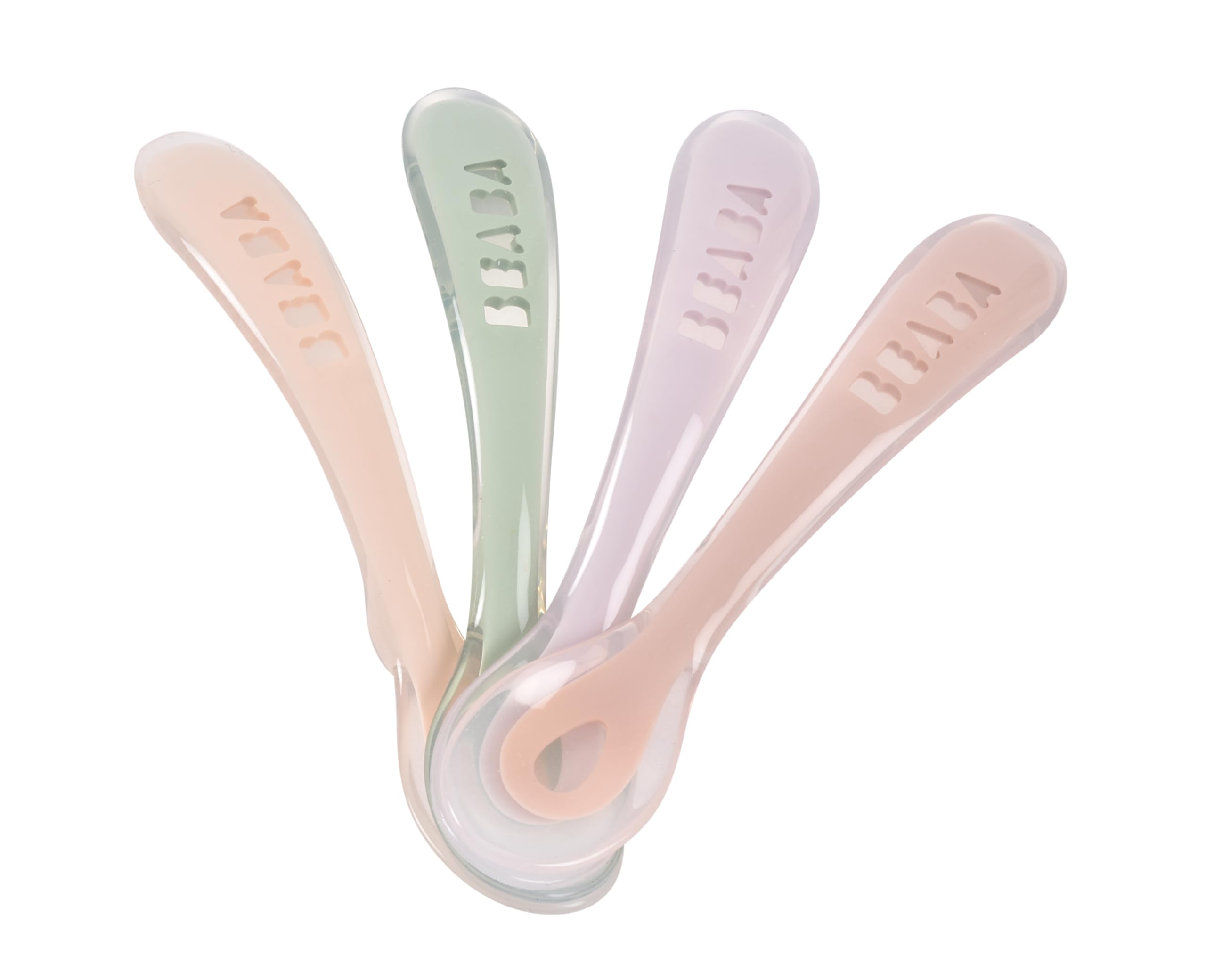 Béaba - Silicone Spoon for Baby and Children - Set of 4 - Stage 2 - Soft - Rounded tip - Ergonomic Handle - Multicolor