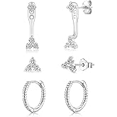 CERSLIMO Silver Stud Earrings Set for Women, 3 Pairs White Gold Plated Cartilage Earrings Sets for Multiple Piercings, Hypoallergenic Huggie Hoop Jacket Studs Cubic Zirconia Jewelry Gifts
