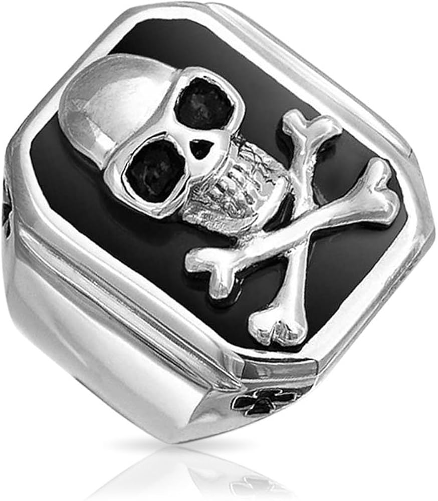 Bling Jewelry Men's Big Black Enamel Caribbean Pirate Skull & Cross Bones Rectangle Signet Ring For Men Teens Silver Tone Stainless Steel - Image 5