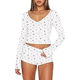 Ezbelle Lounge Set Women's V Neck Pajama Sets Ribbed Knit Button Down Shirt Long Sleeve 2 Piece Outfit Shorts Floral Graphic