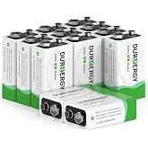 DURNERGY 9V Batteries 12 Pack, 10-Year Shelf Life, 9v Battery for Smoke Detector, 9 Volt Power Supply for Guitar Pedals, Square Batteries 9V Alkaline Batteries