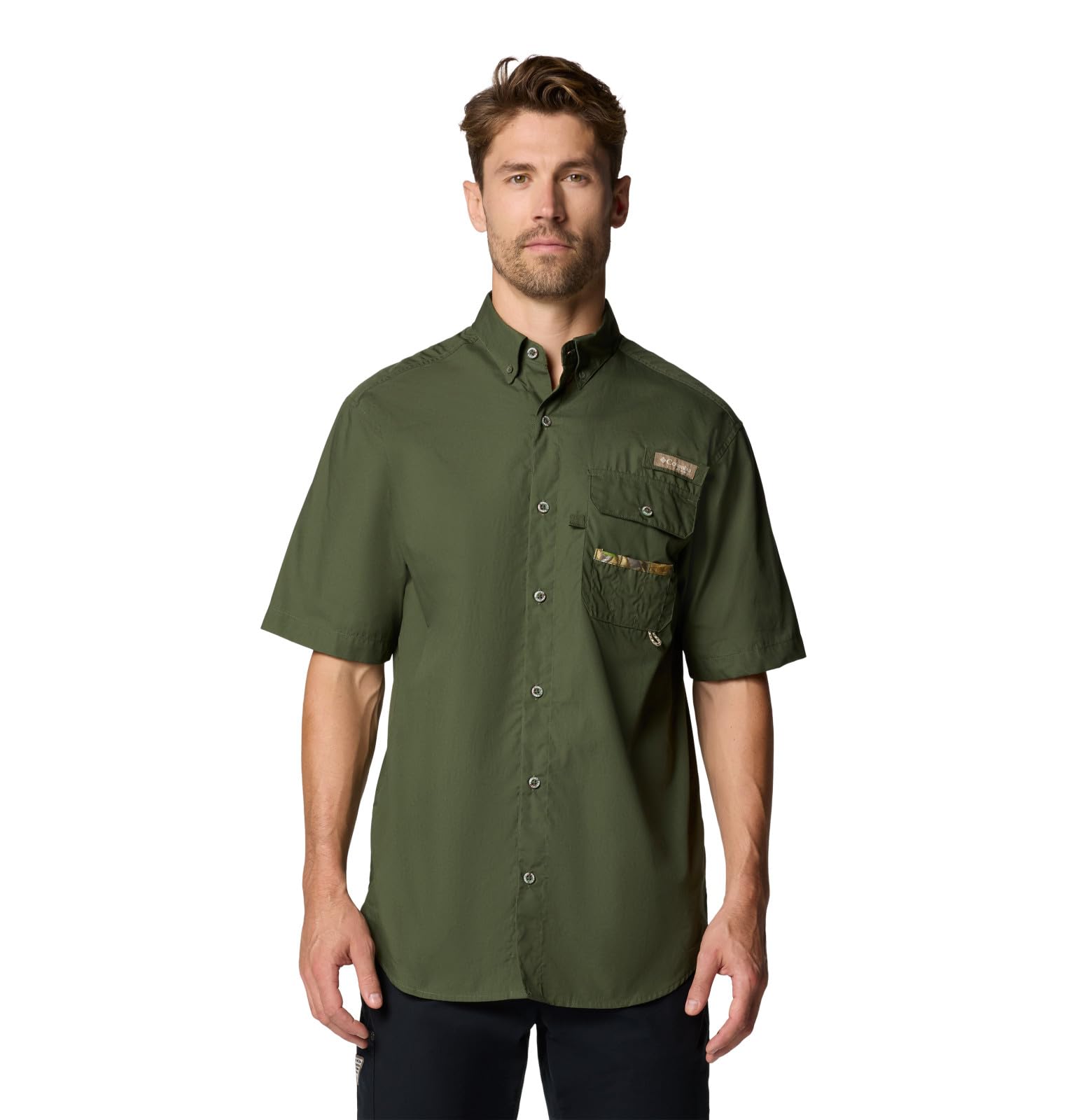 Columbia Men’s Sharptail Short Sleeve Shirt, Surplus Green/Timberwoods Camo, XX-Large