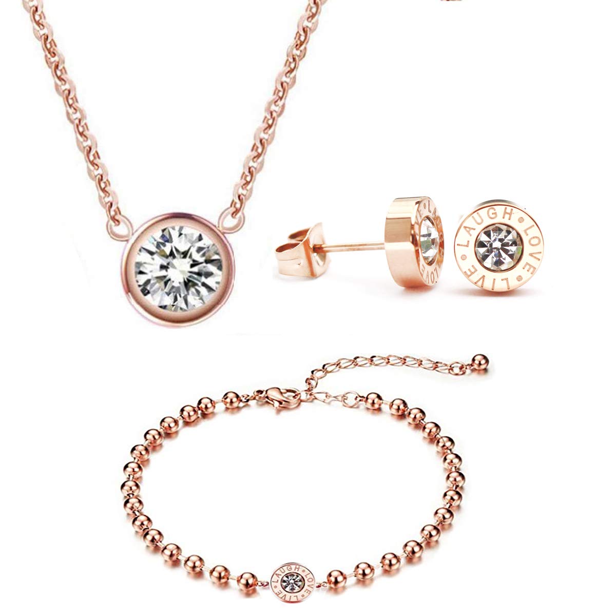 Mixiueuro Women Girls Cubic Zirconia Bezel Jewellery Sets 14k Rose Gold Plated Stainless Steel Cubic Zirconia B ezel Pendant Necklace Stud Earrings And Bead Bracelets Minimalist Style Nickel Free