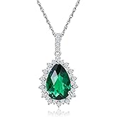 RANDES 925 Sterling Silver Teardrop Necklace for Women Huge Created Gemstone Solitaire Halo Pendant Pear Cut Birthstone Necklace