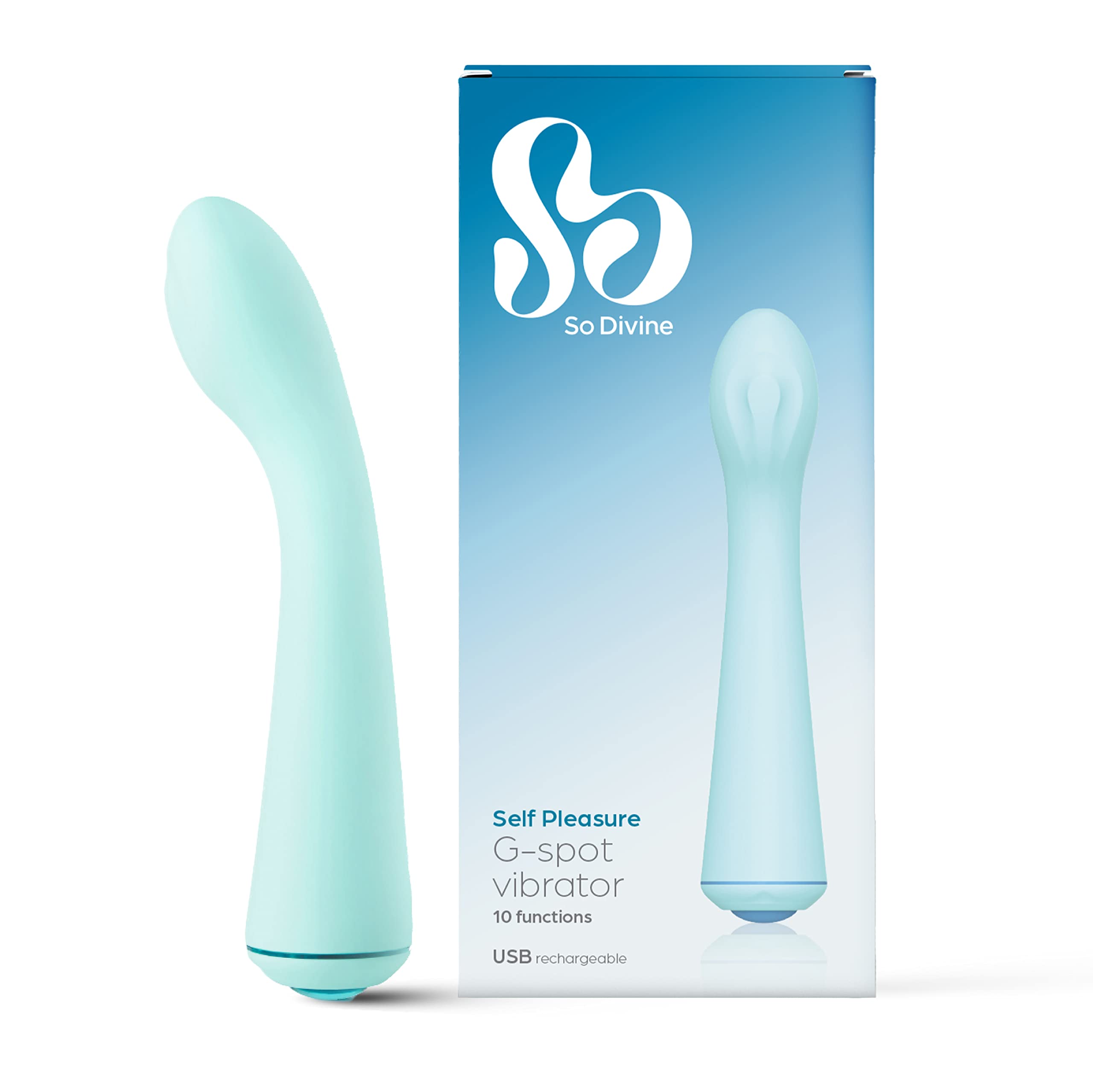 So Divine - Self Pleasure Quiet Rechargeable G-spot Vibrator Sex Toy For Women. 10 Powerful Vibration Modes, Waterproof With Curved Tip For G-Spot Stimulation (Turquoise)