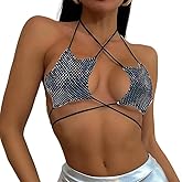 Women Shiny Rhinestones Rave Star Bra Top Sexy Backless Tank Top Lace Up Wrap Around Tube Camis for Concert Hot Clubwear