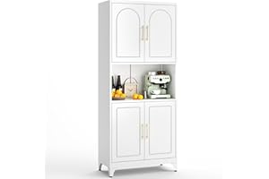 Kubohogar 75" Tall Kitchen Pantry Storage Cabinet, Metal Storage Cabinet with 4 Doors and Adjustable Shelves，White Kitchen Hutch Cabinet with Microwave Stand, Large Cupboard for Dining Living Room