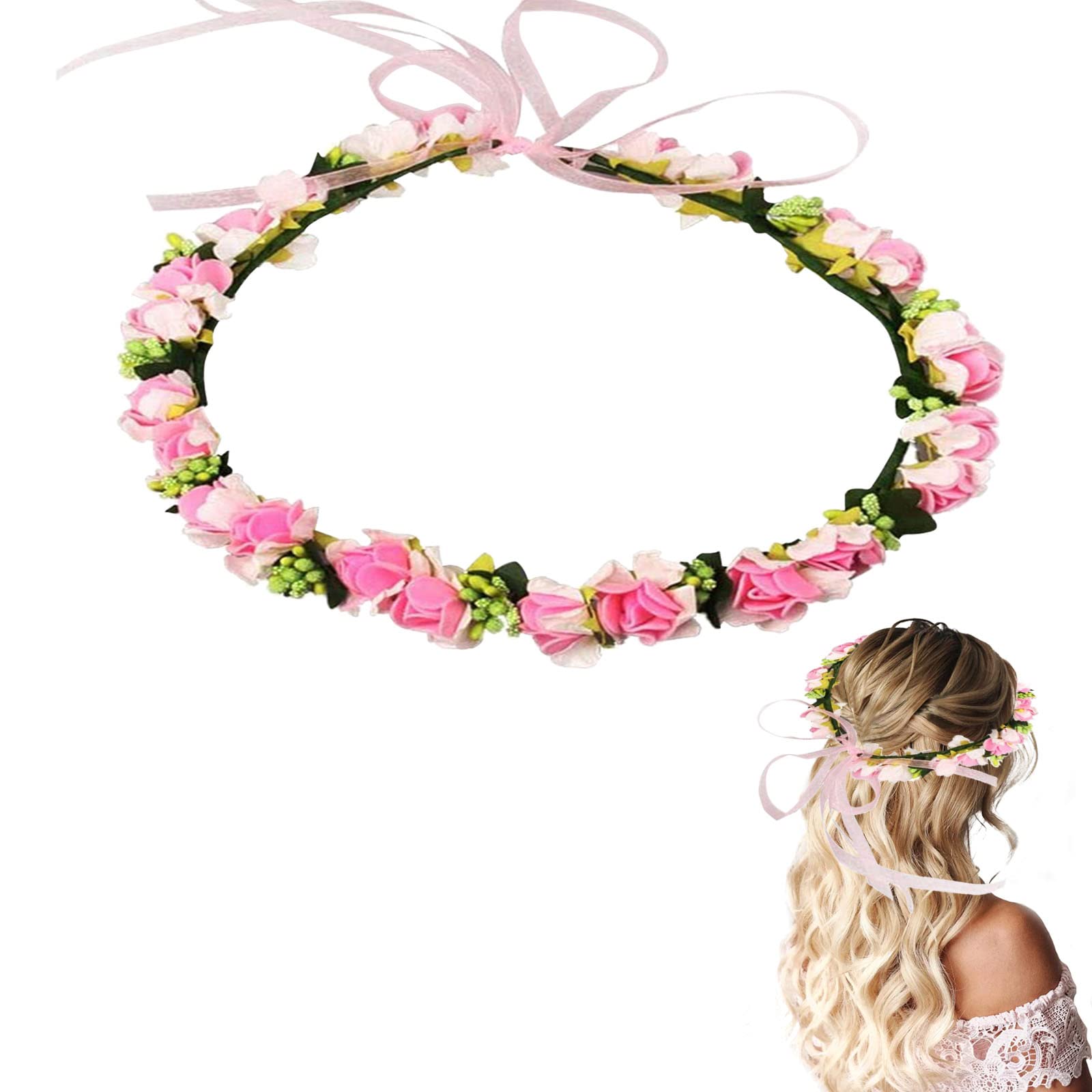 Flower Crown Flower Girl Hair Accessories Festival Accessories Hen Party Accessories Flower Headband with Ribbon for Women or Girls (Pink)