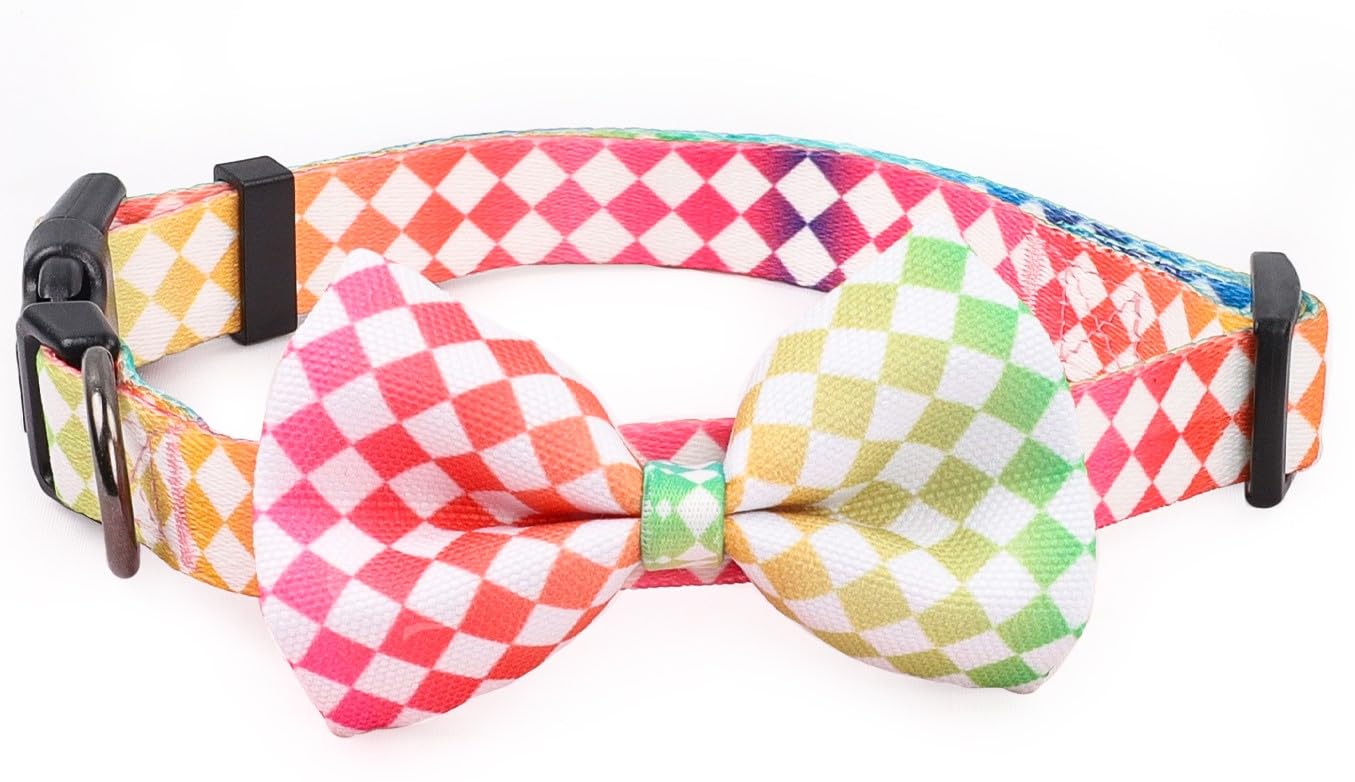 COSYHOMELONDON patterned Dog Collar with Bowtie, Durable Adjustable and Comfortable Collar for Small Dogs Puppies and Cats (Rainbow, M)