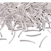 200pcs Silver Curved Noodle Tube Spacer Beads - Brass, Sleek Twist Design For DIY Bracelet & Necklace Making