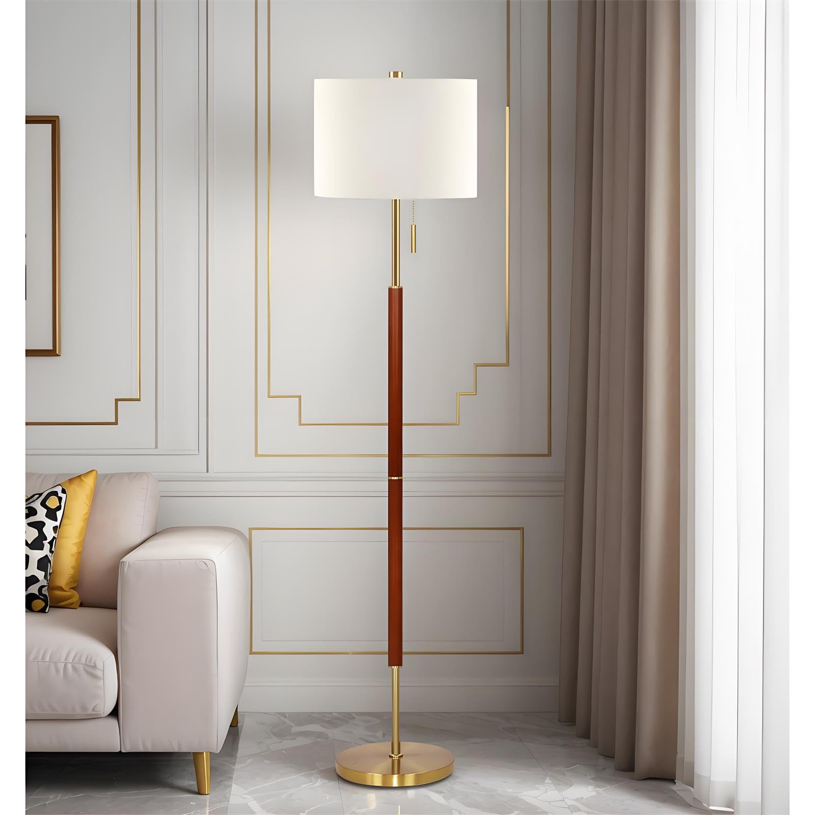 Photo 1 of EMORLO 62" Walnut Gold Floor Lamp for Living Room, 1200LM 3-Way Dimmable Mid Century Modern Floor Lamp for Bedroom Office, Wood Vintage Standing Lamp Linen Shade, LED Bulb Included