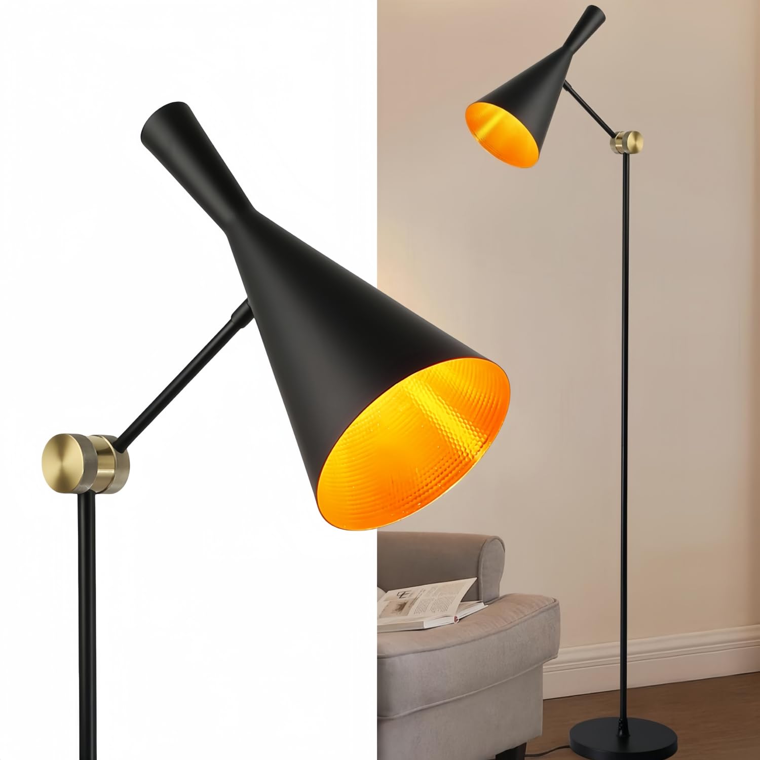 Photo 1 of Modern Industrial Floor Lamp For Bedroom, 64'' Adjustable Gold Inner Shade Tall Floor Lamp For Office, Living Room, Skinny Corner Accent Reading Standing Lamp, Retro Farmhouse Mid-Century, Black