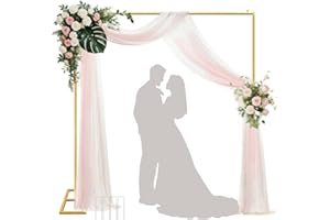 JEBUTU Wedding Arch Backdrop Stand 8.2FT, Adjustable Gold Square Metal Balloon Arch Photo Backdrop Stand Kit Frame for Weddin