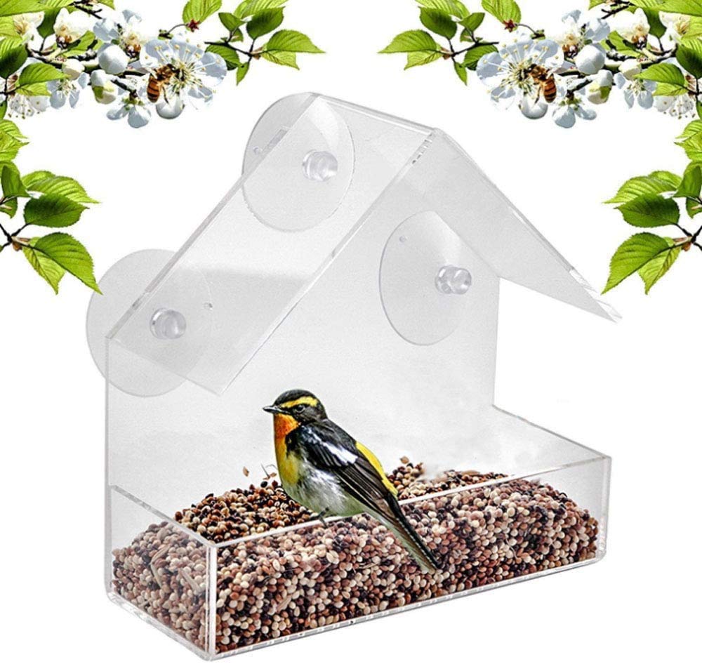 Window Bird Feeder, Plastic Wild Bird Feeder House with Roof, 3 Suction Cups and Seed Tray (Clear)