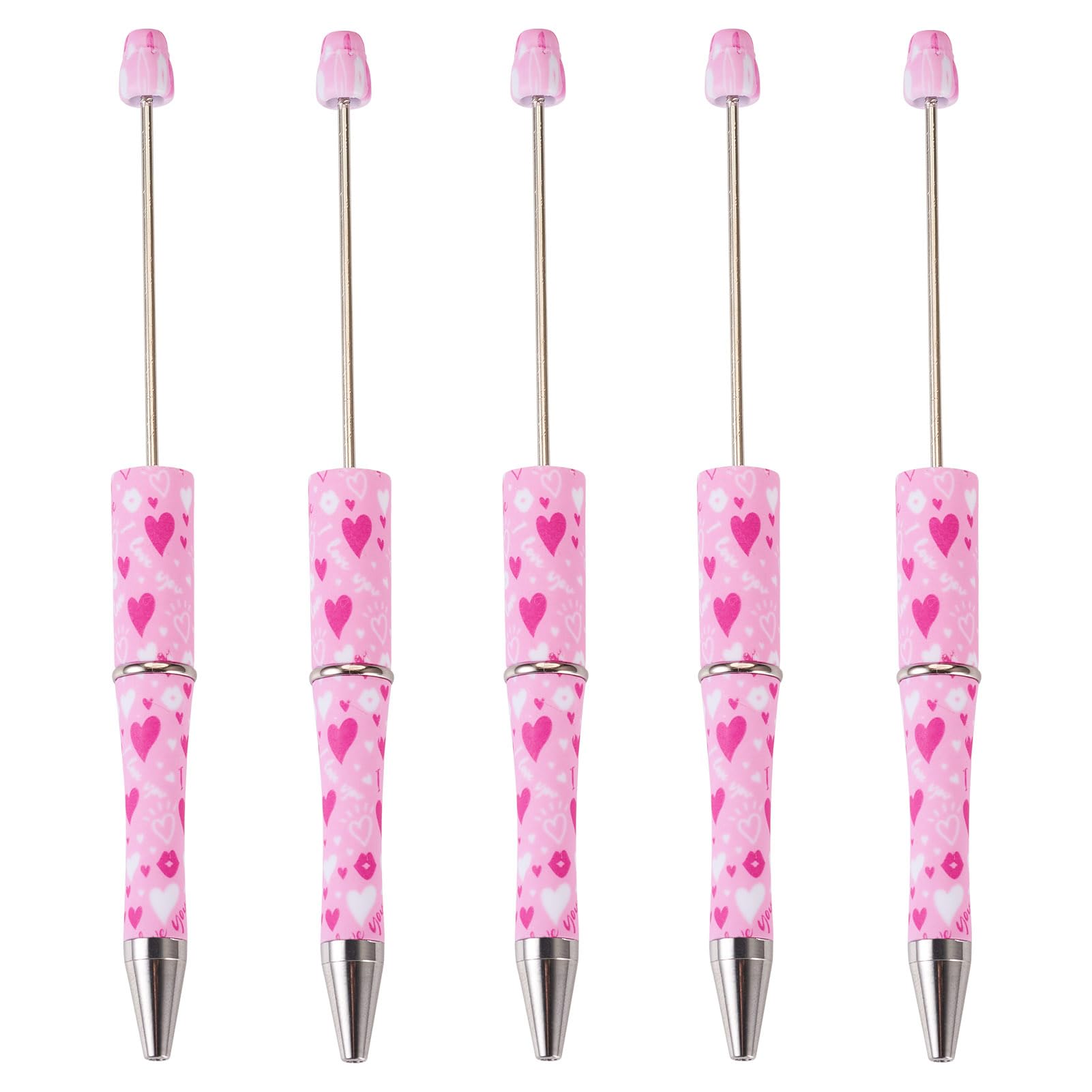 Spritewelry 5 pcs Valentine's Day Theme Beadable Pens - Pink Heart Pattern Black Ink Ballpoint Pens for DIY Personalized Pen Making Kit - Students, School, Office Supplies