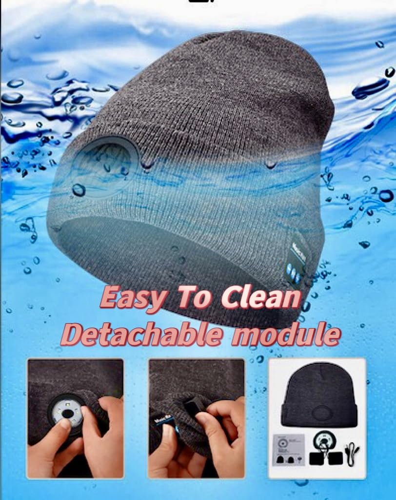 Zyntrazy Bluetooth Beanie with Light, Unisex Gift for Men, Women,Wireless Headphones for Fishing Jogging Working Black