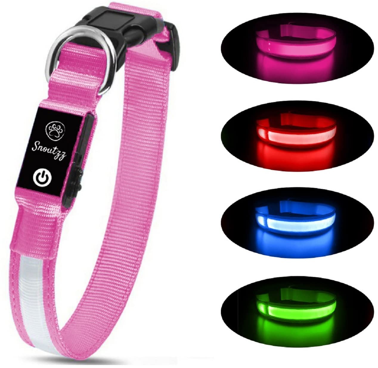 SNOUTZZ® LED Flashing Dog Collar USB Rechargeable - Ultra Bright & Highly Visible - Waterproof & Increased Safety - Available 4 Colours & 4 Sizes (Pink, Medium)