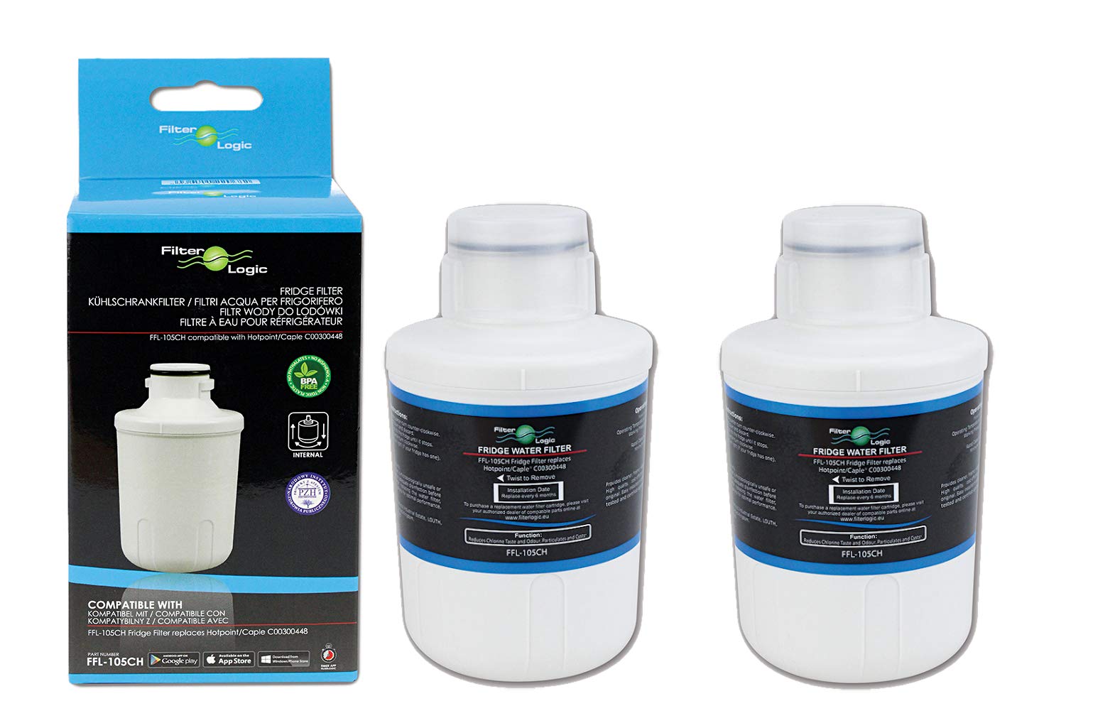 FilterLogic FFL-105CH Fridge Water Filter Compatible with CDA Fridge, Hotpoint C00300448, SXBD922FWD, Caple CAFF205, Thomson THSBS90WDWH, Microfilter MFCMG14211FR / MFCMG14211F Refrigerators (2 Pack)