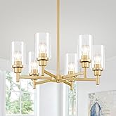 Peblto Modern Gold Chandeliers for Dining Room, 6-Light Chandelier Light Fixture with Clear Glass Shades, Metal Hanging Penda
