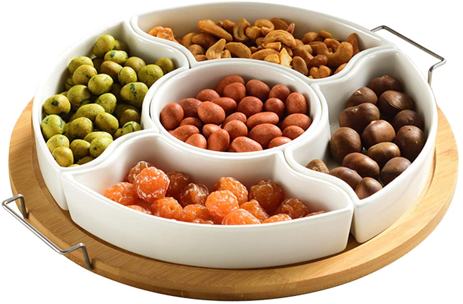 Yesland 10 Inch/25 cm Ceramic Divided Serving Dishes with Bamboo Platter, Relish Tray 6 Removable Bowls for Condiment, Appetizer, Chips, Dip, Nuts, Fruits, Veggies, Candy, Snacks