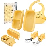Mossora Portable Baby Plates with Suction, 6Pcs Travel Silicone Feeding Set for Toddlers, Foldable, Non-Slip Dishwasher Safe Plates & Utensils, BPA Free, Cat Design Gift Ready(Pale Yellow)