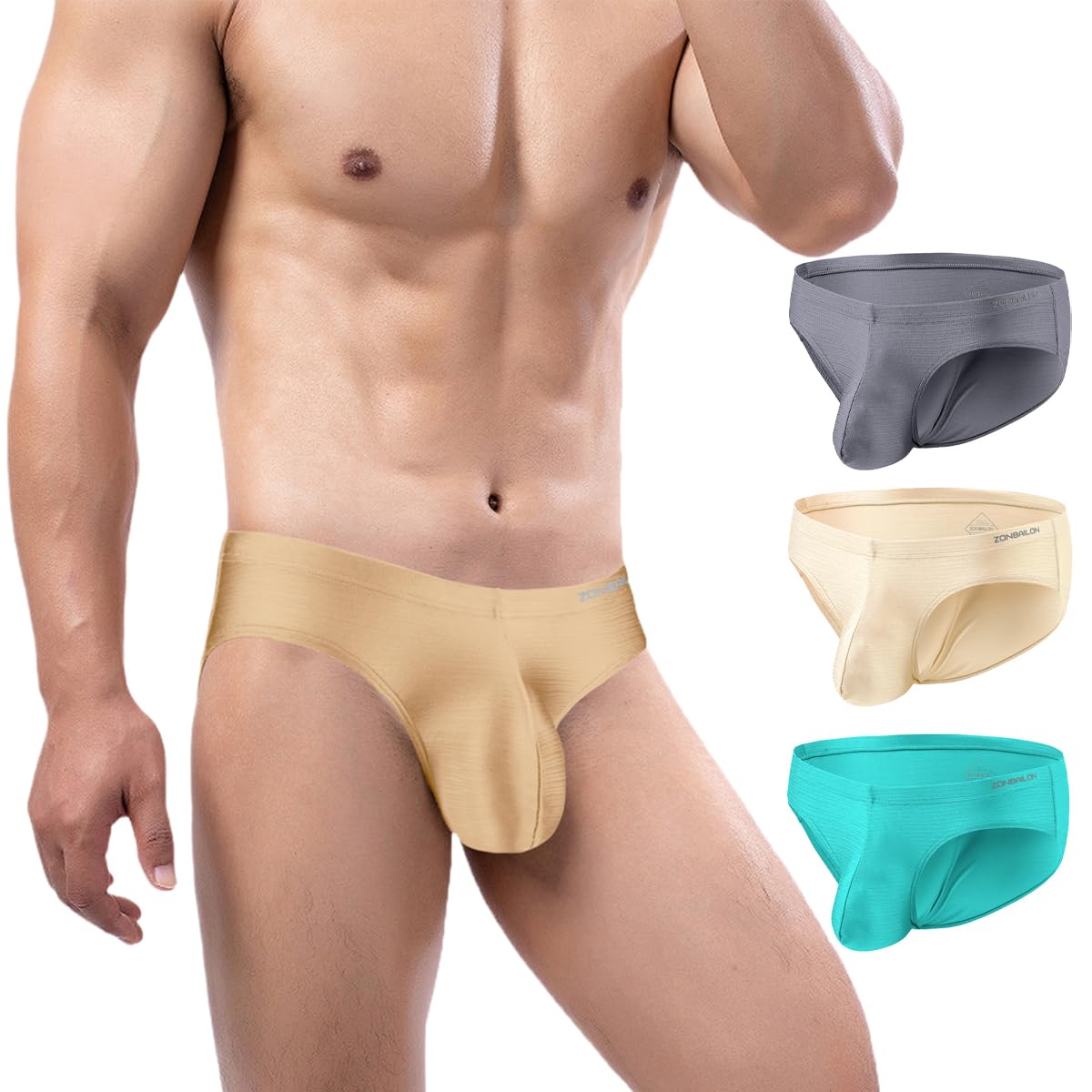 Photo 1 of ZONBAILON Mens Sexy Bulge Enhancing Briefs Underwear Low Rise Ice Silk Big Ball Pouch Underpants Multi 3 Pack M