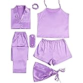 LYANER Women's Pajamas Set 7pcs Silk Satin Sleepwear Loungewear Cami Shirt Pj Set