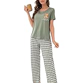 SHENHE Women's Bear Animal Printed Short Sleeve Round Neck Top with Long Pants Sleepwear Lounge Set Pajama Set