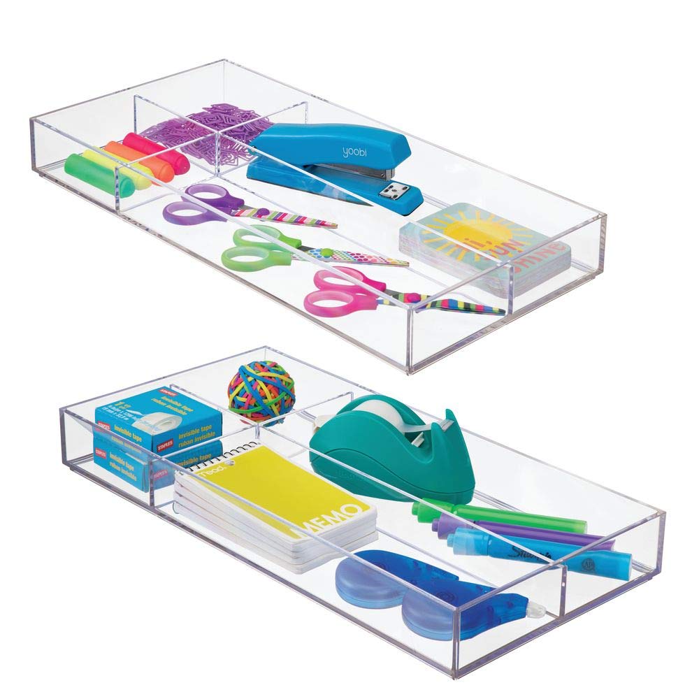 mDesign Plastic Divided Drawer Organizer for Home Office, Desk Drawer, Shelf, Closet - Holds Highlighters, Pens, Scissors, Adhesive Tape, Paper Clips, Note Pads - 4 Sections, 16" Long, 2 Pack - Clear