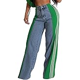 MGCPTN Womens Jeans High Waisted Wide Leg Striped Patchwork Color Block Stretchy Loose Straight Denim Pants