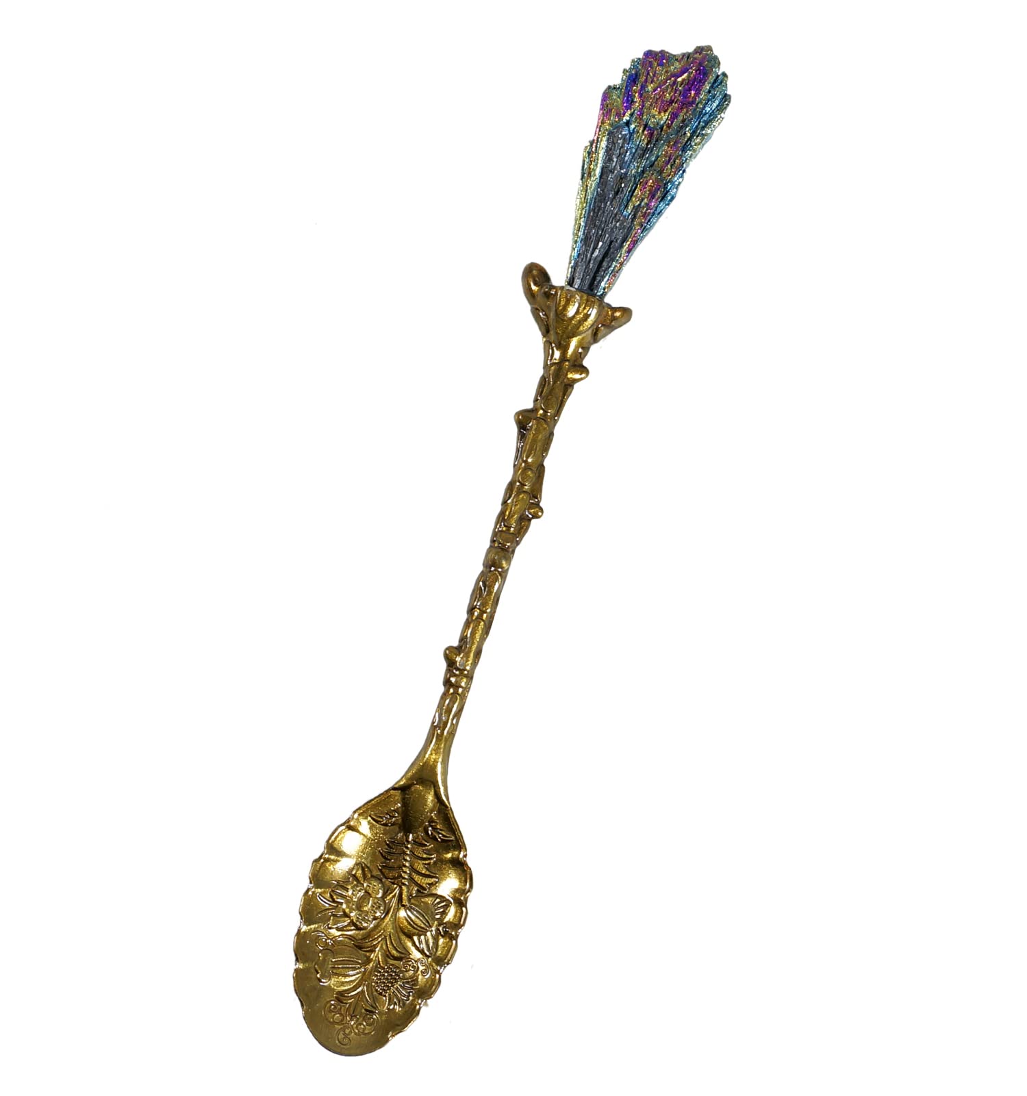 Soulnioi Vintage Carved Crystal Spoons Retro Decorative Coffee Stirring Spoons Dessert Spoons Ice Cream Spoon with Malachite Blue Flame Feather Head for Cafe Office Tableware -Brass