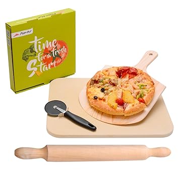 LAOYE Pizzastein für Gasgrill & Backofen, 4 in 1 Pizzastein Set inkl. Pizzaschieber + Pizza Stein + Pizzaschaufel + Nudelholz