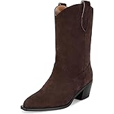 XBKXMK Suede Cowboy Boots for Women Pointed Toe Mid-Calf Western Boots Chunky Heel Cowgirl Booties Dressy Pull on Wide Calf Fashion