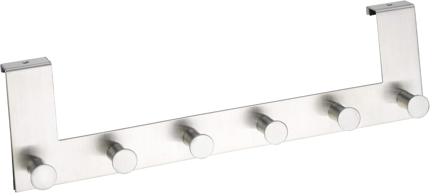 Wenko 4468060100 Door Clothes Rack Celano 6 Hooks, Metal Stainless Steel, 39 x 11 x 5.5 cm, Matt, Matt Stainless Steel