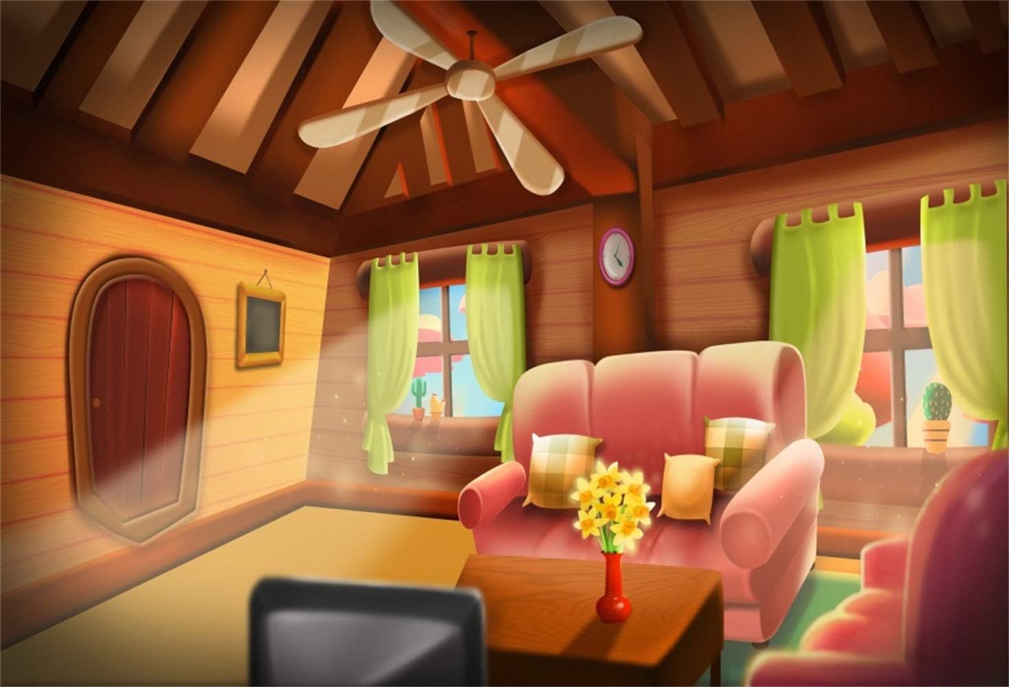 Laeacco 7x5ft Cartoon Fairytale Living Room Interior Backdrop Vinyl Warm Room Pink Sofa Cushions Flowers TV Set Air Fan Bright Windows Green Curtains Background Birthday Party Banner Child Baby Shoot