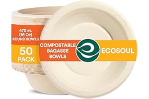 ECO SOUL 100% Compostable 16 Oz Soup Bowls [50-Pack] Disposable dessert bowls I Heavy duty paper bowl I Eco-friendly salad bowl I Biodegradable large Bowls