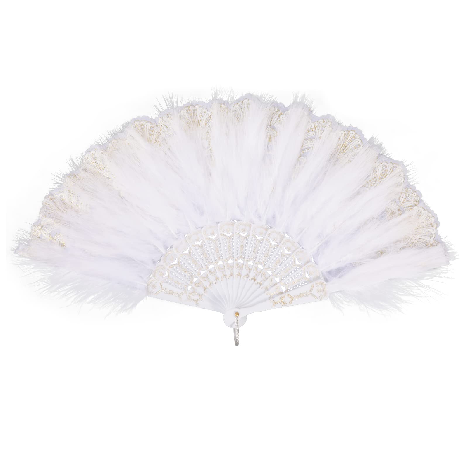 MWOOT Marabou Feather Fan, 1920s Embroidered Flower Handheld Feather Fan, Roaring 20s Vintage Style Flapper Hand Fan for Costume Halloween Dancing Show Tea Party Wedding Decoration - White