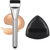 Flat Foundation Brush with Puff, Beautyfactor Ultral Thin Spatula Makeup Brush with Sponge for Liquid Makeup | Fast Flawless Korean Kabuki Brushes for Blending, Liquid, Cream, Blush, Buffing （Silver）