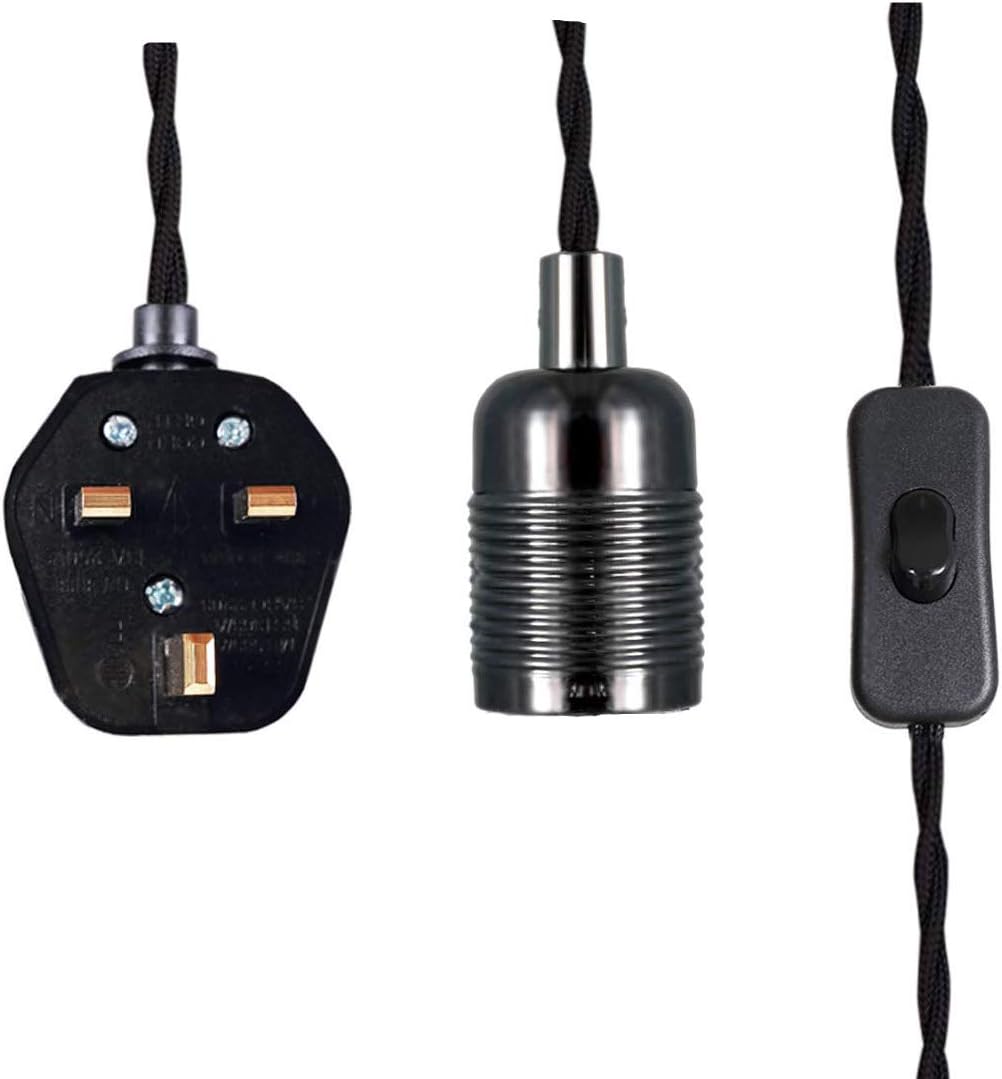 Black Nickel Plug-in Hanging Pendant Light Fitting, Ceiling Rose with Plug-in, Industrial E27 lamp Holder with 4500mm Twisted Fabric Flex and in Line On/Off Switch