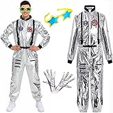Utaomld Astronaut Costume Shiny Jumpsuit Spaceman Silver Coverall for Men Women Adult Teens Halloween Space Dress Up Outfit